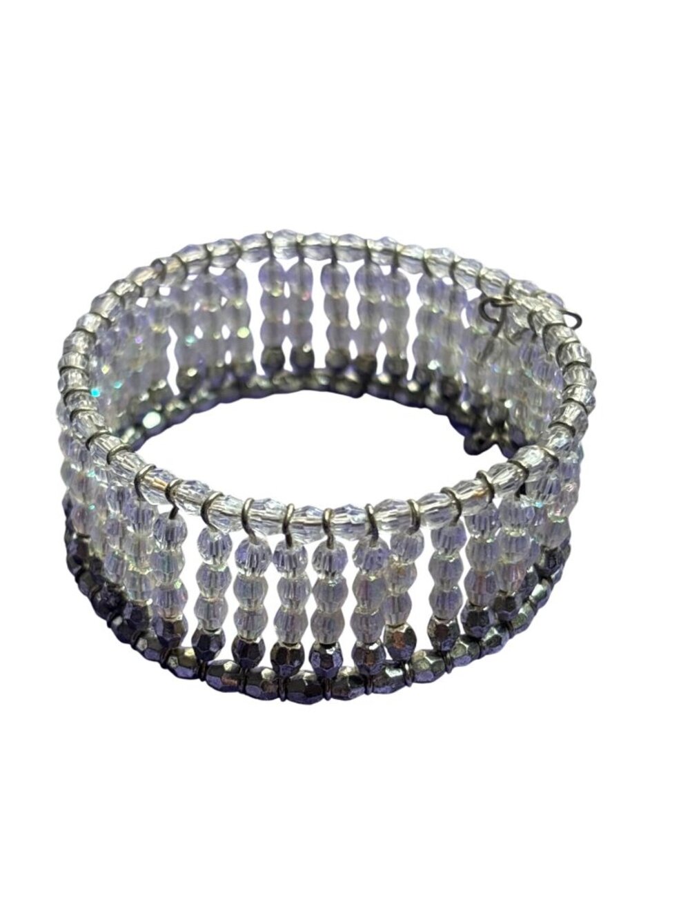 Vintage Beaded Stretchy Cuff Bracelet Plastic AB Aurora Borealis Silvertone